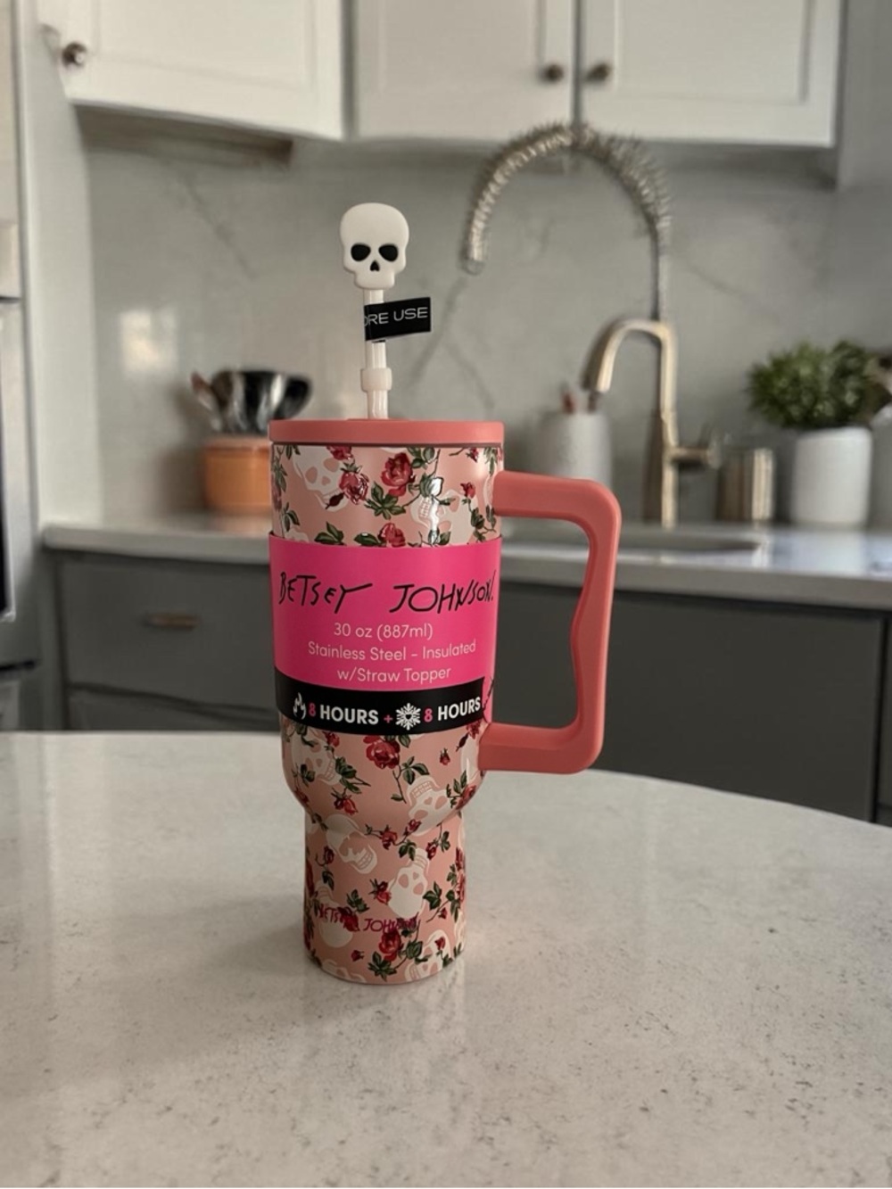 Betsey Johnson Pink Floral Insulated Tumbler with Skulls and a Handle - NWT